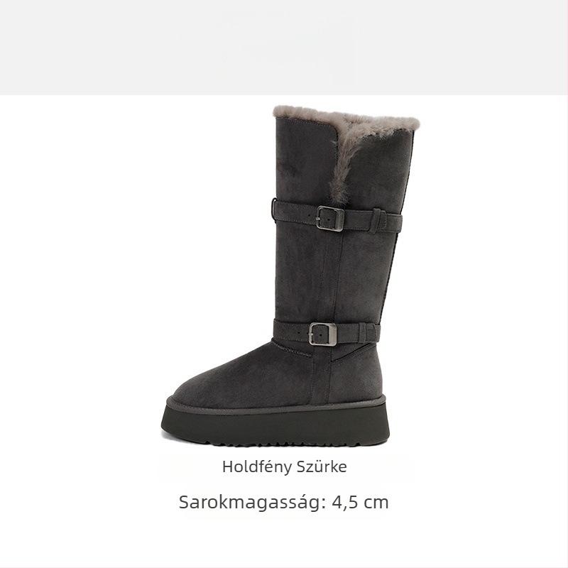 Női nubuk hócsizma belső műszőrmével bélelt, gumitalpú, hosszú szárú, slip-on záródású, kerek orrú