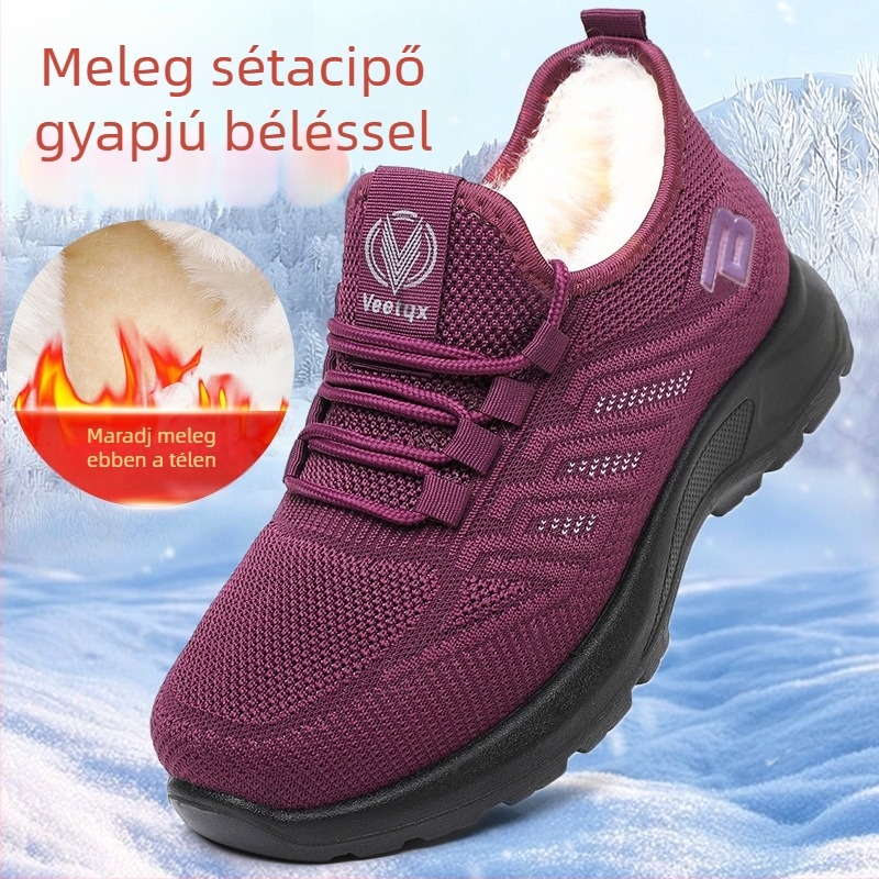 Női téli cipő vászon anyagból fleece bélésével, meleg mindennapi kényelmes futócipő, kerek orr, alacsony sarok 1–3 cm