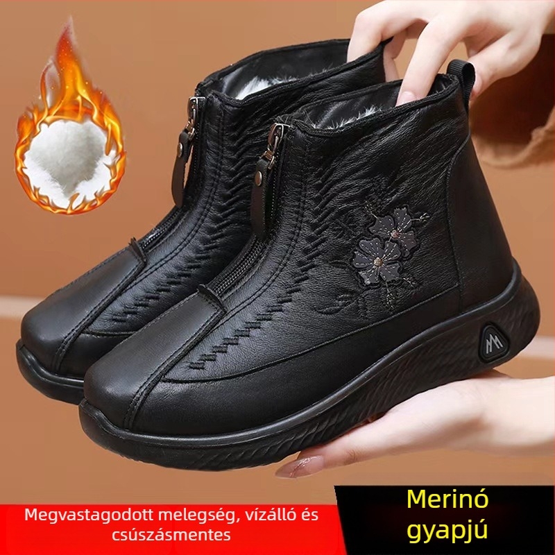 Női téli hócsizma mikroszálas bőrrel, gyapjú bélés, elől cipzárral, alacsony sarkú 1–3 cm