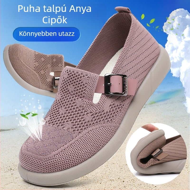 Női mamák cipője – slip-on, felső Flyknit, PU talp, lélegző, kerek orr, széles lábfejhez, mindennapi viselet