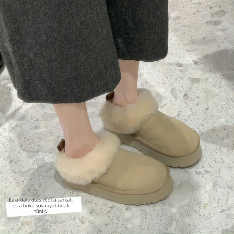 Női téli hócipő marhabőrből, gyapjú bélés, gumírozott talp, vastag talp, 3–5 cm-es sarok, alacsony szár, slip-on, egyszínű.