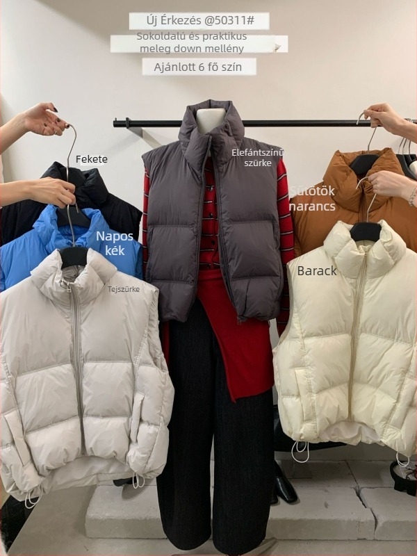 6up Női tollmellény, Koreai stílus, fehér kacsapuham töltet 86–90%, cipzár, álló gallér, normál hosszúság, téli 2025