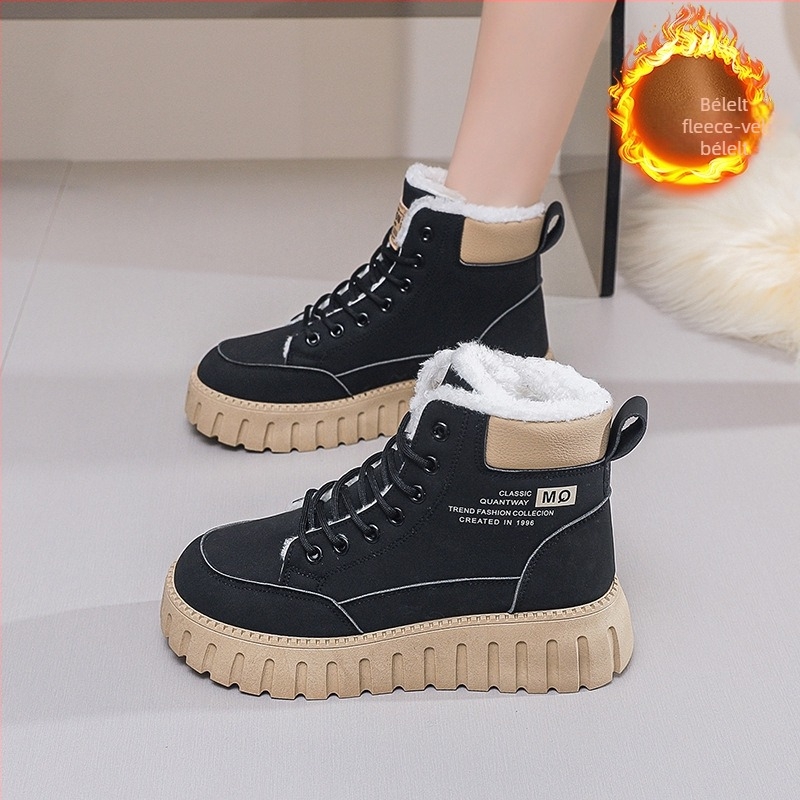 Női téli magas szárú csizma platformmal, koreai stílusú, PU felsőrész, pamut bélés, középső sarok 3-5 cm