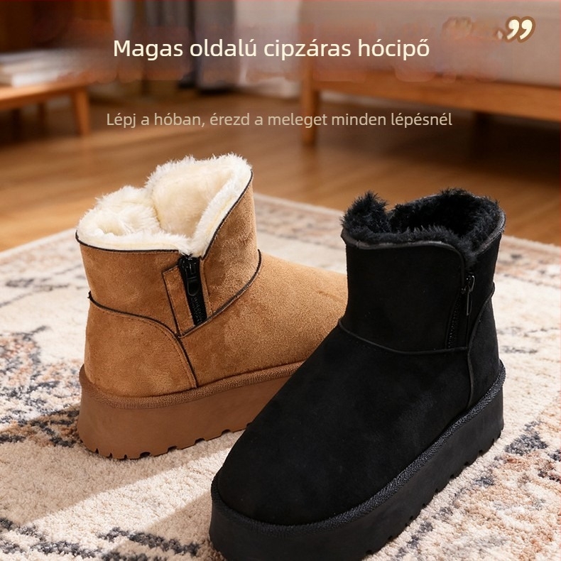 Női téli hócsizma, magas szárú, vastag platforma, marha velúr felsőrész, gyapjú bélés, gumitalp