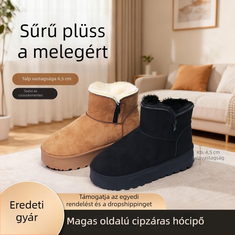 Női téli hócsizma, magas szárú, vastag platforma, marha velúr felsőrész, gyapjú bélés, gumitalp