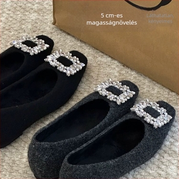 Női Mary Jane cipő, francia stílusú, négyszögletes orr, velúr felsőrész, rejtett 3-5 cm-es emelés, plüss bélés, gumitalp