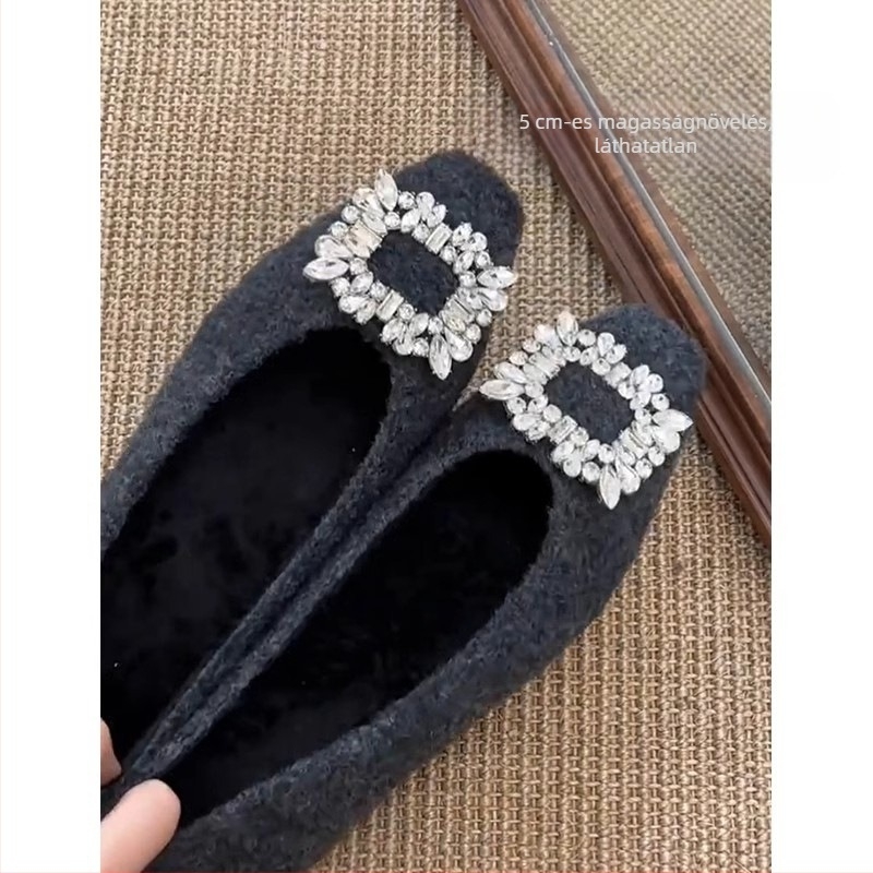 Női Mary Jane cipő, francia stílusú, négyszögletes orr, velúr felsőrész, rejtett 3-5 cm-es emelés, plüss bélés, gumitalp