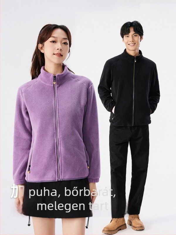 Uniszex kapucnis polárdzseki korál velúr anyagból, meleg, álló gallérral