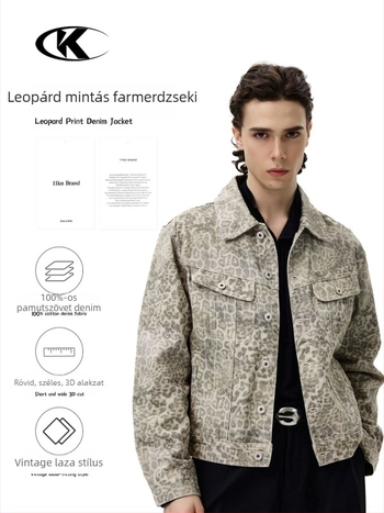 Dzseki – Amerikai vintage stílus – Leopárd mintázat – Denim-pamut külső – Szabad szabás