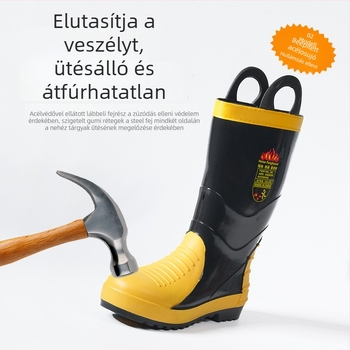 Tűzvédelmi bakancs, PVC felsőrész, injekciós öntéssel készült talp, középmagas szár, kerek orr, csúszásmentes és perforáció-ellenálló