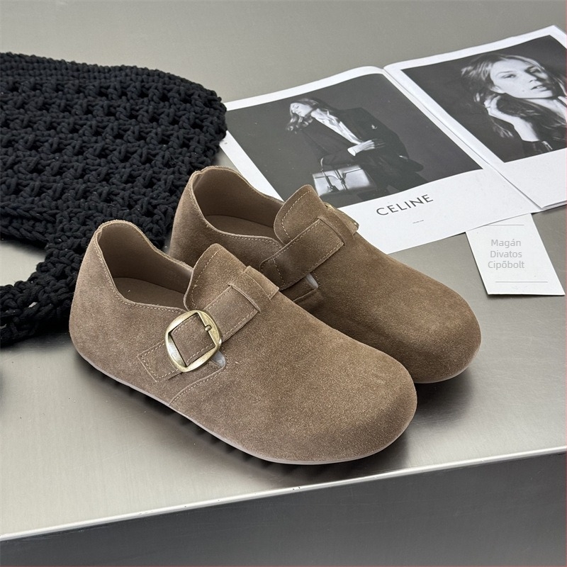 Női lapos cipő suede felsőrésszel, kerek orr, gumitalp, 3–5 cm sarokmagasság, koreai stílus
