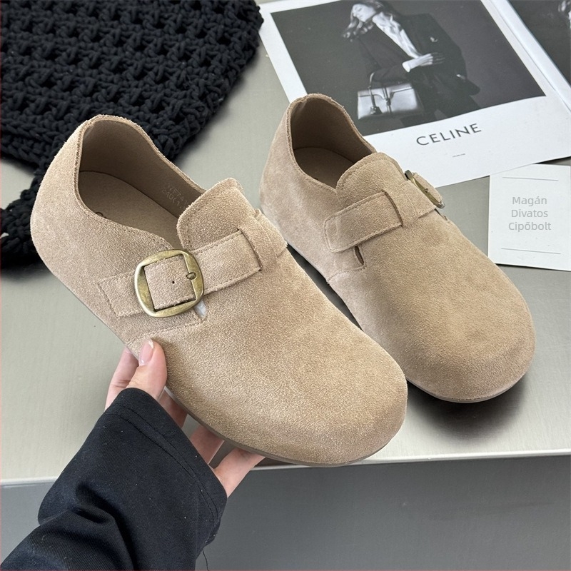Női lapos cipő suede felsőrésszel, kerek orr, gumitalp, 3–5 cm sarokmagasság, koreai stílus