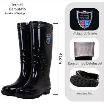 Magas szárú férfi esőcsizma, PVC felsőrész, csúszásmentes, meleg, belső háló, textiles talpbetét, kerek orr, alacsony sarok