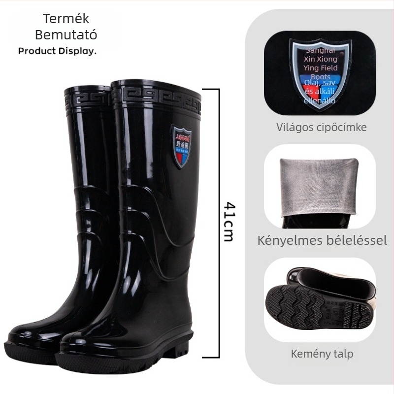 Magas szárú férfi esőcsizma, PVC felsőrész, csúszásmentes, meleg, belső háló, textiles talpbetét, kerek orr, alacsony sarok