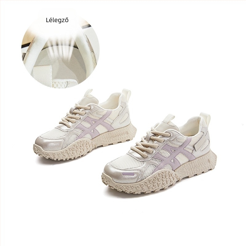 Mingliu Női Dad Shoes - Felsőrész valódi bőrből, lélegző hálós béléssel, természetes kaucsuk talp, középső magasságú sarok 3–5 cm, elöl fűzőzár