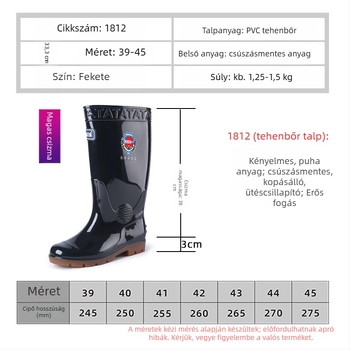Férfiaknak szánt magas szárú esőcsizma, PVC felső rész, talp marhaínból, lélegző, csúszásmentes, kopásálló