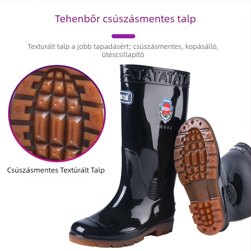 Férfiaknak szánt magas szárú esőcsizma, PVC felső rész, talp marhaínból, lélegző, csúszásmentes, kopásálló