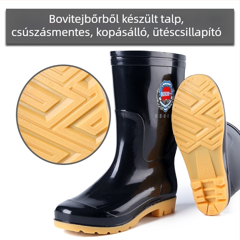 Esőcsizmák férfiaknak - marha-ín talp, középteljes magasságú csizma, csúszásmentes, kopásálló és ütéscsillapító