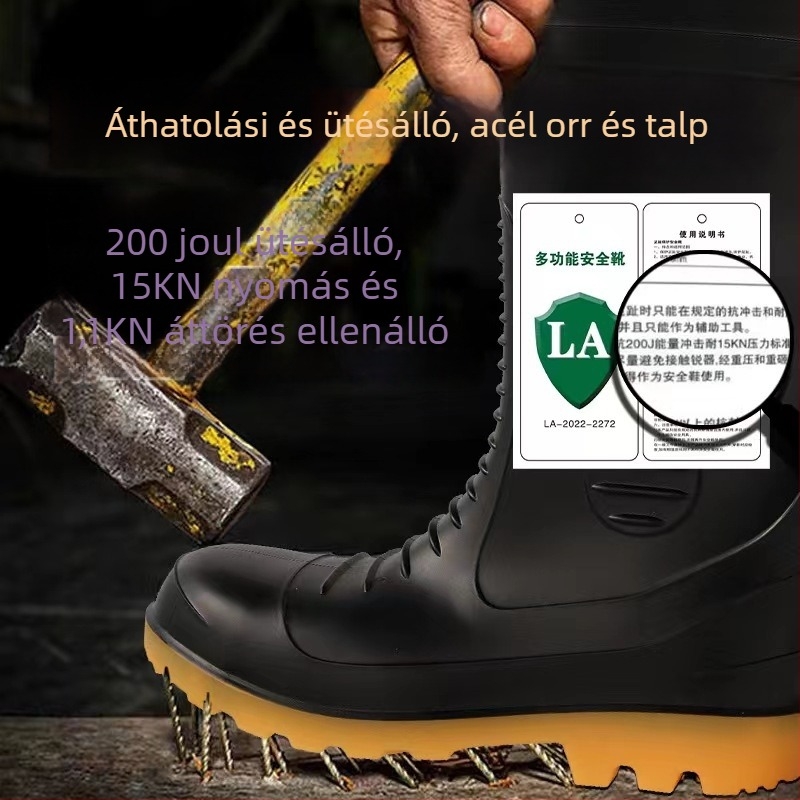 Harcos esőcsizmák, magas szárú, acél orral és acél talppal, férfi munkás esőcsizmák meleg bélésével