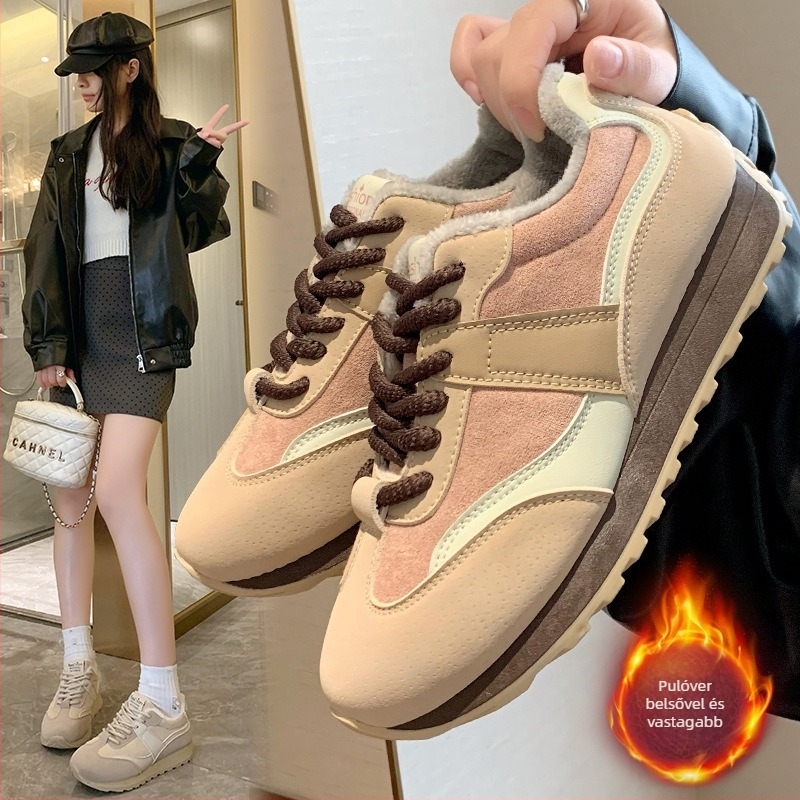 Női dad shoes téli cipők fleece béleléssel, PU felsőrész, gumitalp, kerek orr, középmagas sarka 3–5 cm