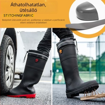 Acélorrú esőcsizma, magas szár, PVC felsőrész, műanyag talp, csúszásmentes
