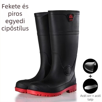 Acélorrú esőcsizma, magas szár, PVC felsőrész, műanyag talp, csúszásmentes