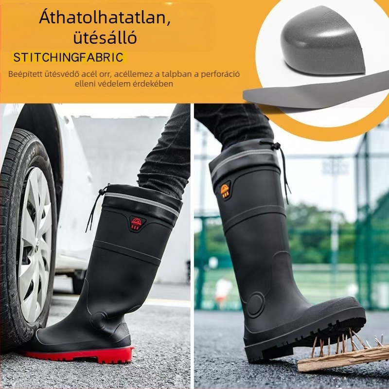 Acélorrú esőcsizma, magas szár, PVC felsőrész, műanyag talp, csúszásmentes