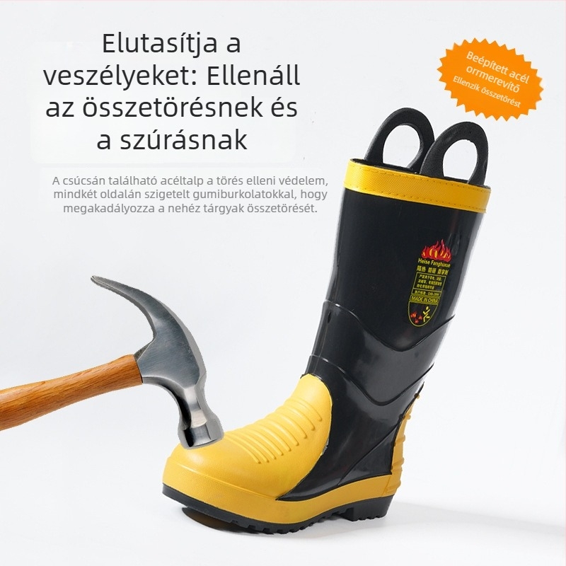 Tűzoltó mentőcsizmák – lángálló, kémiailag ellenálló, csúszásmentes, vízálló, egész éves viseletre.