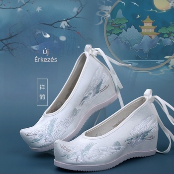 Hanfu női cipő, belső magasság növelő kialakítás, Ming stílus, ősi hímzett virágos textil, felső Microfiber, hegyes orr, magas felső, 6–8 cm sarok