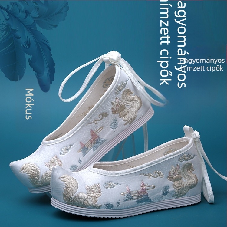 Hanfu női cipő, belső magasság növelő kialakítás, Ming stílus, ősi hímzett virágos textil, felső Microfiber, hegyes orr, magas felső, 6–8 cm sarok