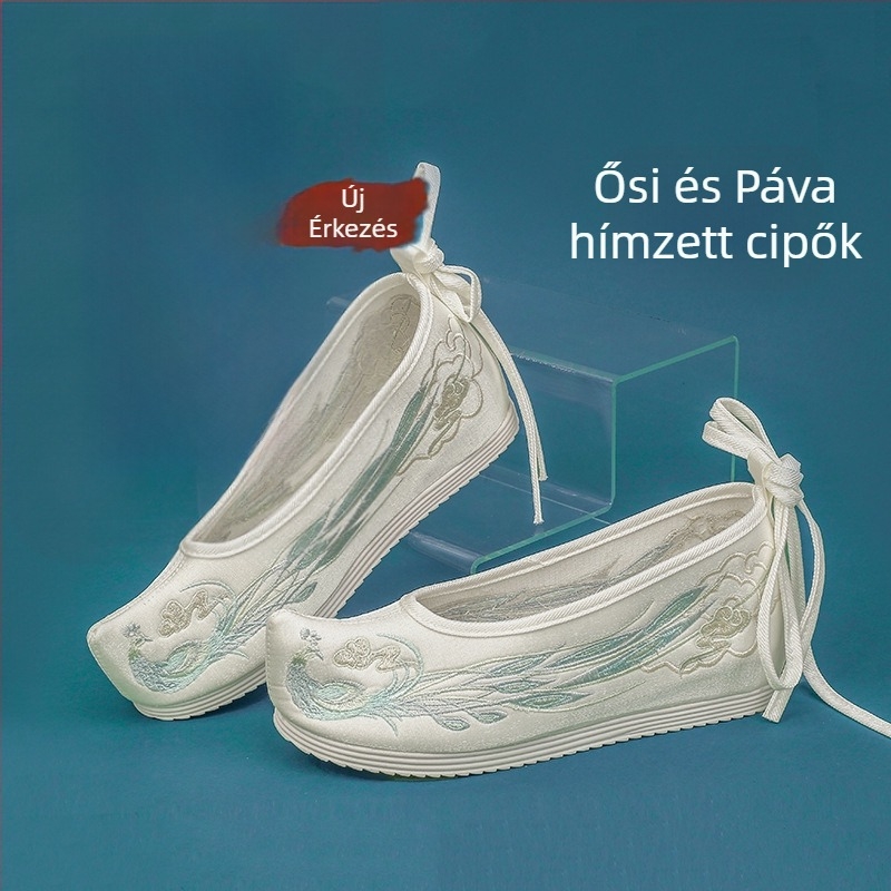 Hanfu női cipő, belső magasság növelő kialakítás, Ming stílus, ősi hímzett virágos textil, felső Microfiber, hegyes orr, magas felső, 6–8 cm sarok