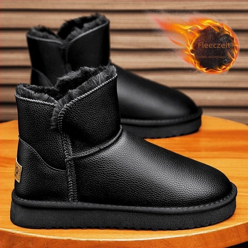 Férfi téli hócsizmák - Mesterséges PU felsőrész, integrált báránybőr bélés, kopásálló gumitalp, vízálló és csúszásmentes, injekciós öntési konstrukció