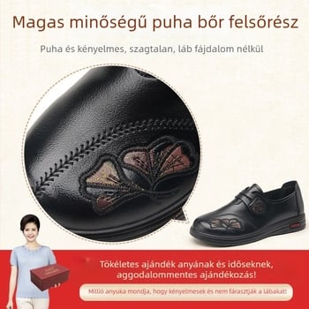 Középkorú és idős nőknek készült bőrs slip-on cipő — puha talp, légáteresztő, csúszásmentes, poliuretán talp, alacsony lapos sarok 1–3 cm