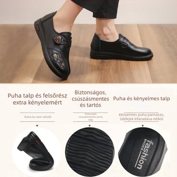 Középkorú és idős nőknek készült bőrs slip-on cipő — puha talp, légáteresztő, csúszásmentes, poliuretán talp, alacsony lapos sarok 1–3 cm