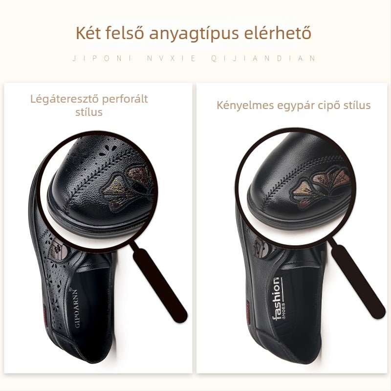 Középkorú és idős nőknek készült bőrs slip-on cipő — puha talp, légáteresztő, csúszásmentes, poliuretán talp, alacsony lapos sarok 1–3 cm