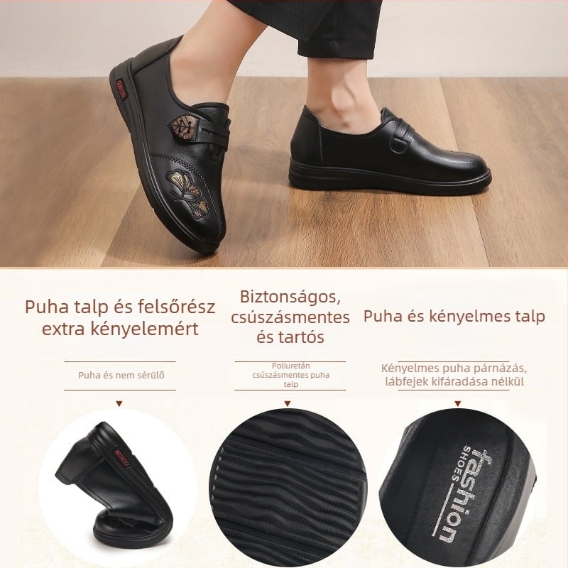 Középkorú és idős nőknek készült bőrs slip-on cipő — puha talp, légáteresztő, csúszásmentes, poliuretán talp, alacsony lapos sarok 1–3 cm