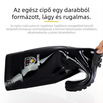 Férfi munkavédelmi esőcsizma műanyag felsőrésszel, PVC talppal, hálós bélés, injekciós öntéses kivitel, négy évszakos viselet