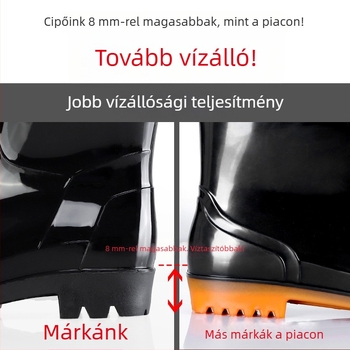 Férfi munkavédelmi esőcsizma műanyag felsőrésszel, PVC talppal, hálós bélés, injekciós öntéses kivitel, négy évszakos viselet