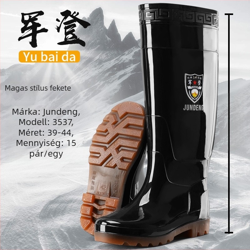 Férfi munkavédelmi esőcsizma műanyag felsőrésszel, PVC talppal, hálós bélés, injekciós öntéses kivitel, négy évszakos viselet