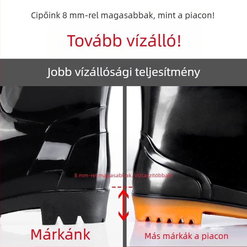 Férfi munkavédelmi esőcsizma műanyag felsőrésszel, PVC talppal, hálós bélés, injekciós öntéses kivitel, négy évszakos viselet
