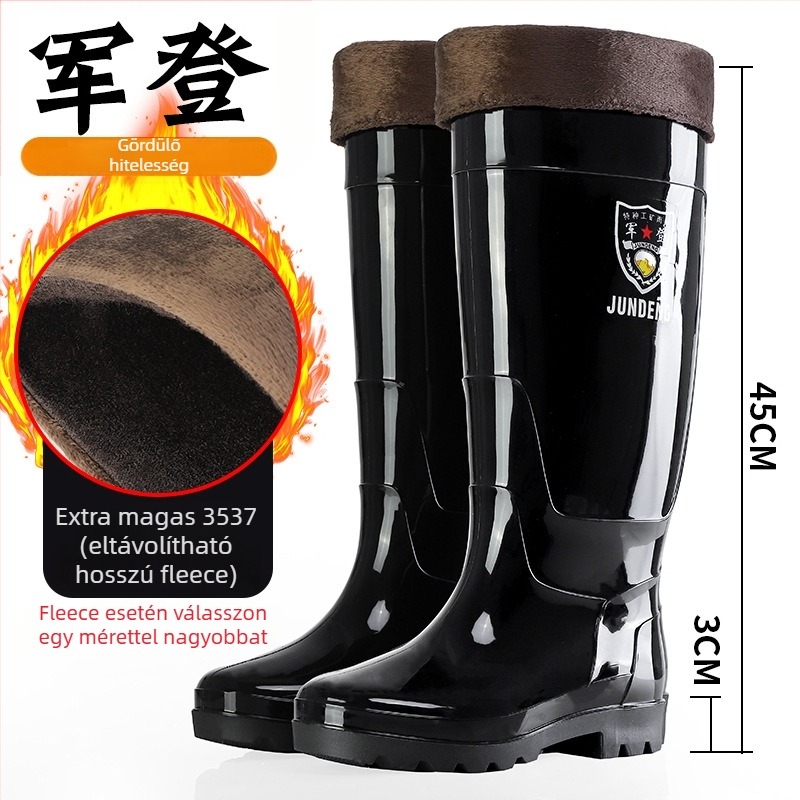 Férfi munkavédelmi esőcsizma műanyag felsőrésszel, PVC talppal, hálós bélés, injekciós öntéses kivitel, négy évszakos viselet