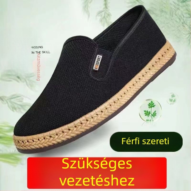Férfi vászon Slip-on cipő, légáteresztő hálós felsőrész, kerek orr, alacsony felső rész, PVC talp