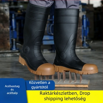Acélorrú és acél talpú esőcsizma, magas szárú, kopásálló, csúszásmentes munkavédelmi lábbeli