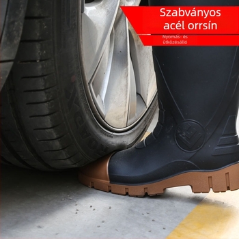 Acélorrú és acél talpú esőcsizma, magas szárú, kopásálló, csúszásmentes munkavédelmi lábbeli