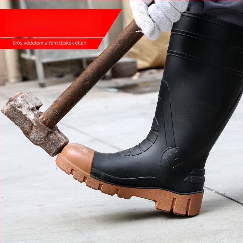 Acélorrú és acél talpú esőcsizma, magas szárú, kopásálló, csúszásmentes munkavédelmi lábbeli