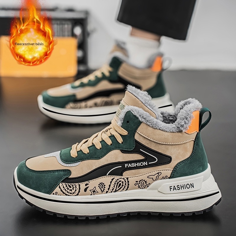 Forrest Gump férfi téli magas szárú cipő meleg fleece belsővel, PU felsőrész, PVC talp, koreai verzió stílusú