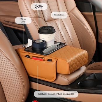 Univerzális autó karfa emelő párna tárolórekesszel és zsebkendő tartóval – Bőr, Fast too