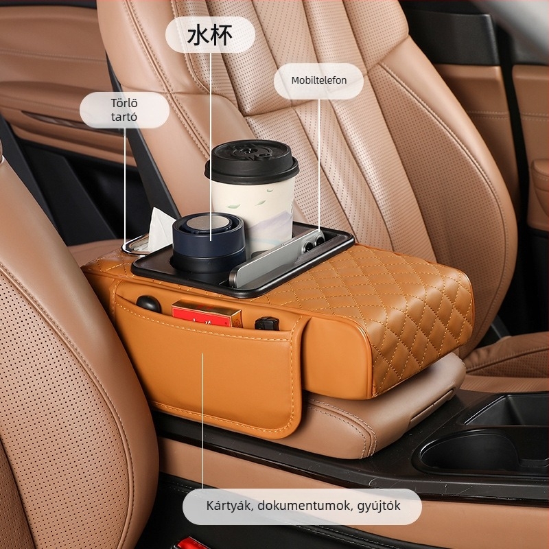 Univerzális autó karfa emelő párna tárolórekesszel és zsebkendő tartóval – Bőr, Fast too