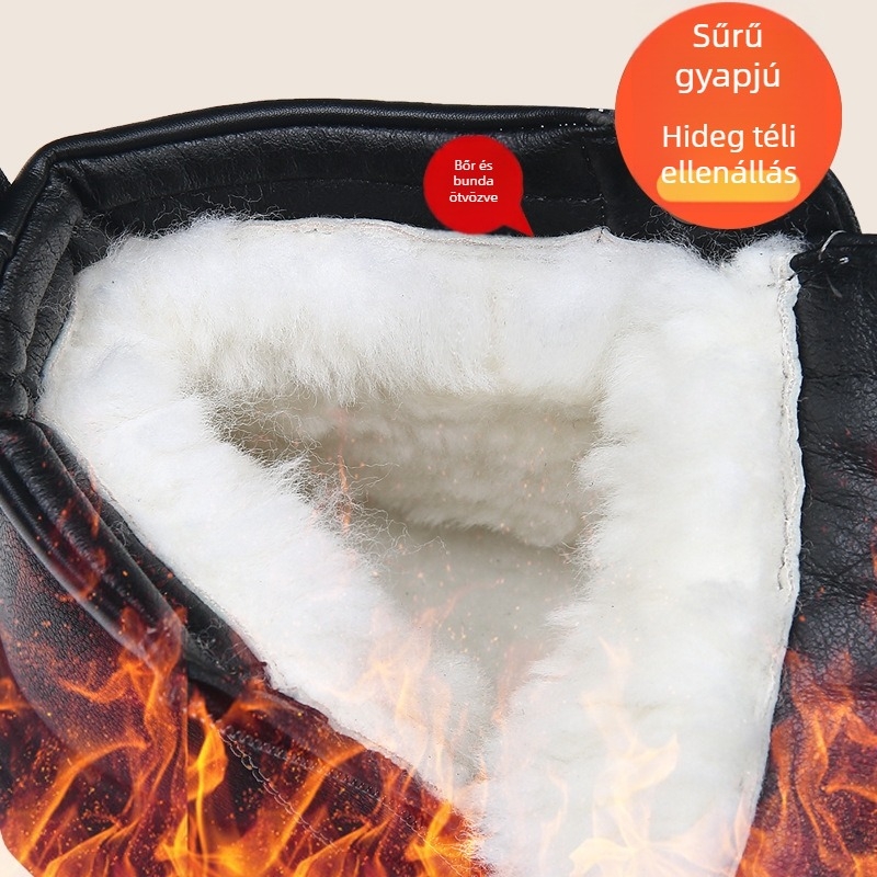 Férfi bőrből készült téli hócsizmák, magas talpú bakancs meleg gyapjú bélés, embossed felület, kopásálló gumitalp, sarokmagasság 3–5 cm