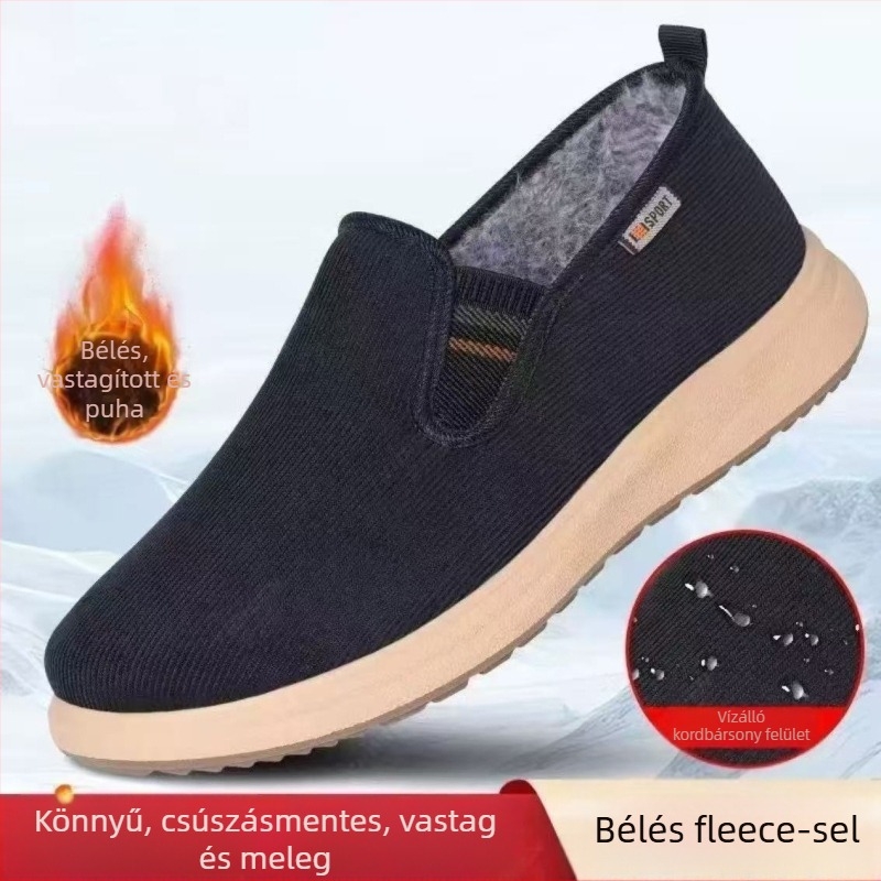 Férfi otthoni papucs: fleece-belés, vastagított, meleg, csúszásmentes, slip-on, alacsony profil (felső: vászon, talp: műanyag)